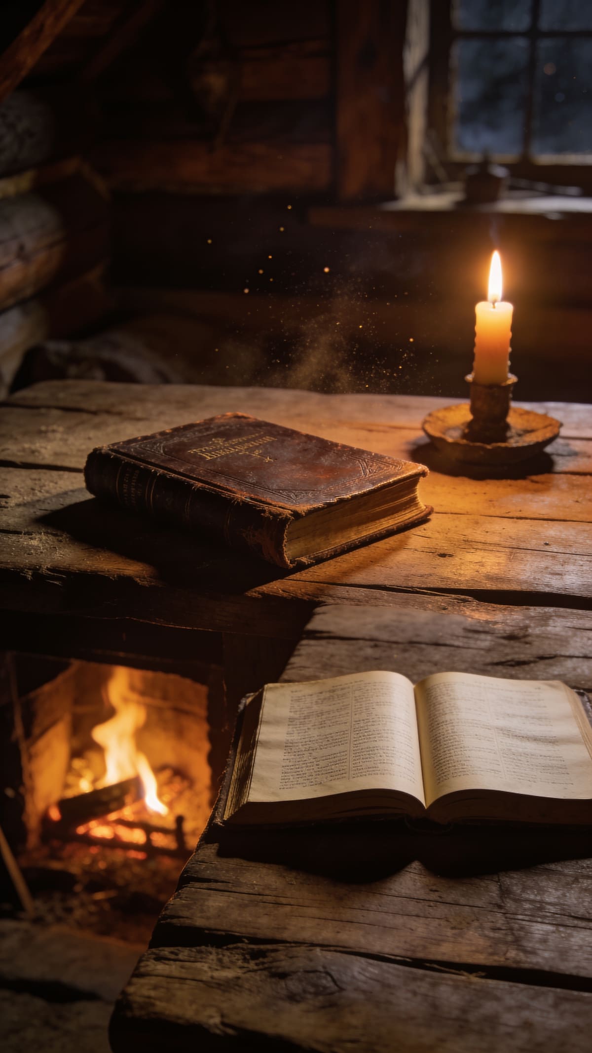 A single candle burning in Elijah's dark cabin before dawn
